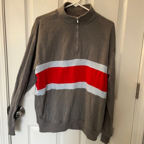 Size M, Grey with light blue and red stripe on chest, zip neck sweatshirt. - Picture 2 of 3